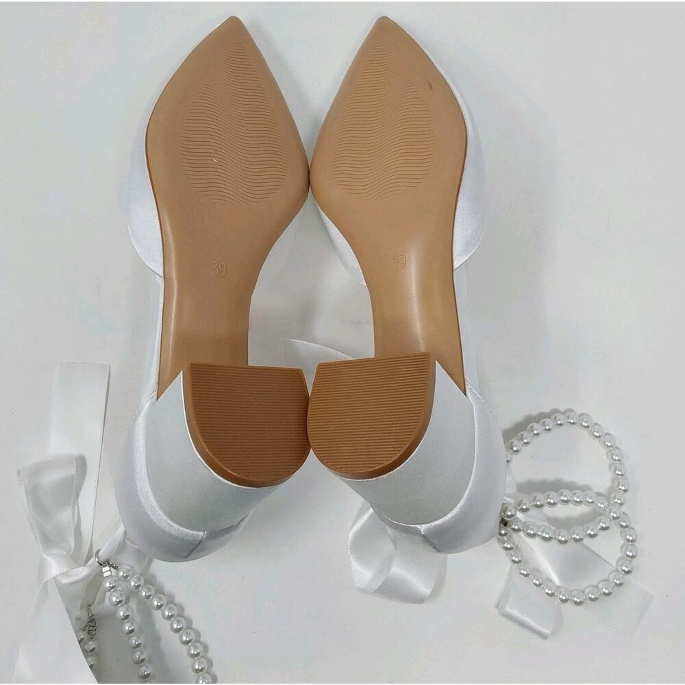 White Satin Bridal Pearl Ankle Strap Block Heel Wedding Pumps Women’s Size 8.5 - Picture 5 of 15